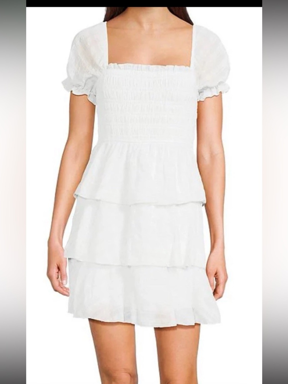 Smocked White Tiered Midi Dress with Puff Sleeves